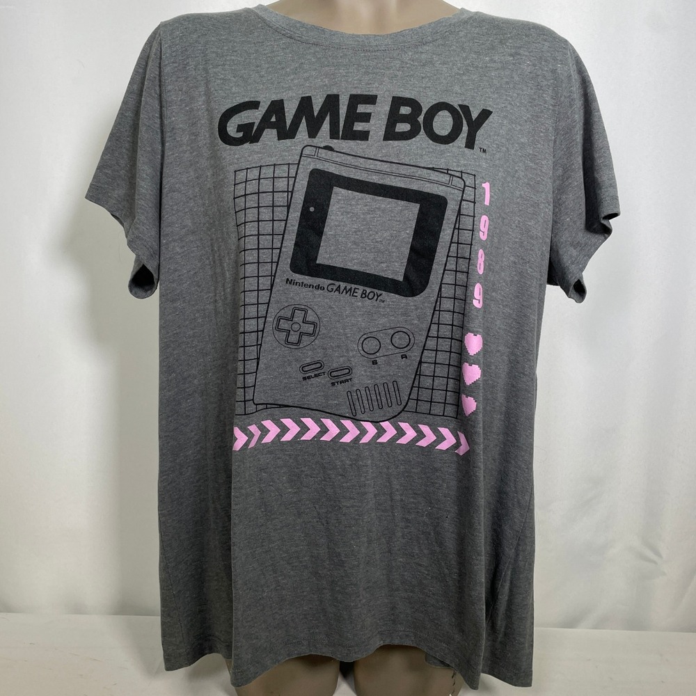 Nintendo Game Boy 1989 Retro Heather Gray Pink Hearts T-Shirt Women's 2X